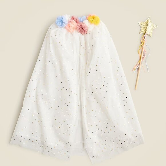 Meri Meri White Tulle and Organza Cape with Pom Poms and Gold Glitter and Wand